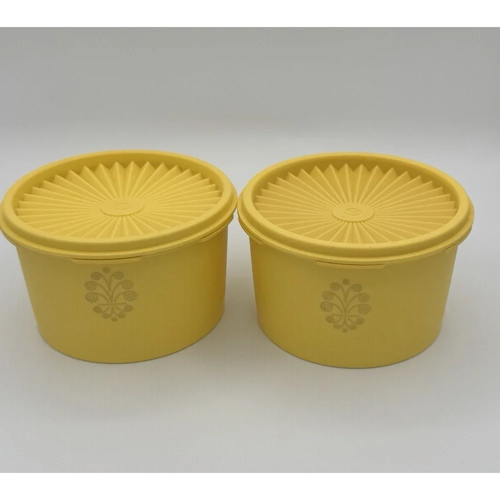 Vintage Tupperware Servalier Yellow Canisters Set 2 Sunburst Lids Retro Kitchen